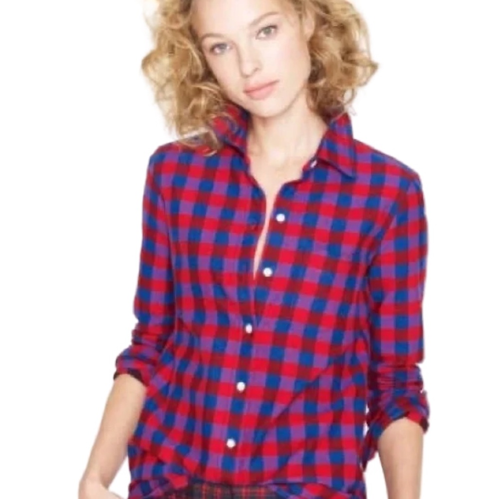 J. Crew Red & Blue Gingham Flannel Popover Shirt